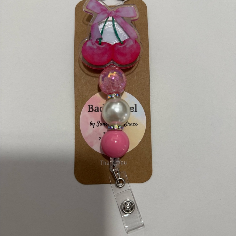 Pink Cherry Beaded Badge Reel Retractable ID Holder – Handmade - Picture 3 of 3